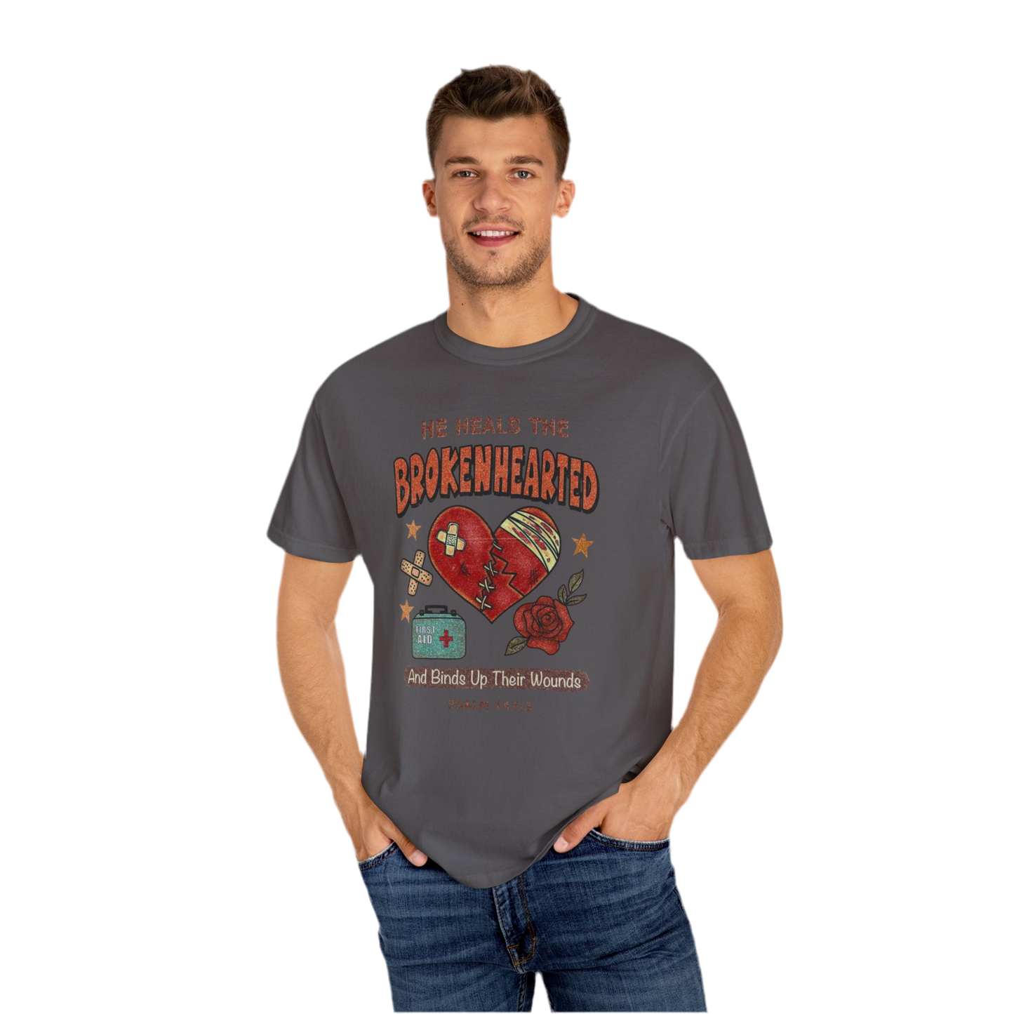 “He Heals The Brokenhearted” Unisex Garment-Dyed T-Shirt