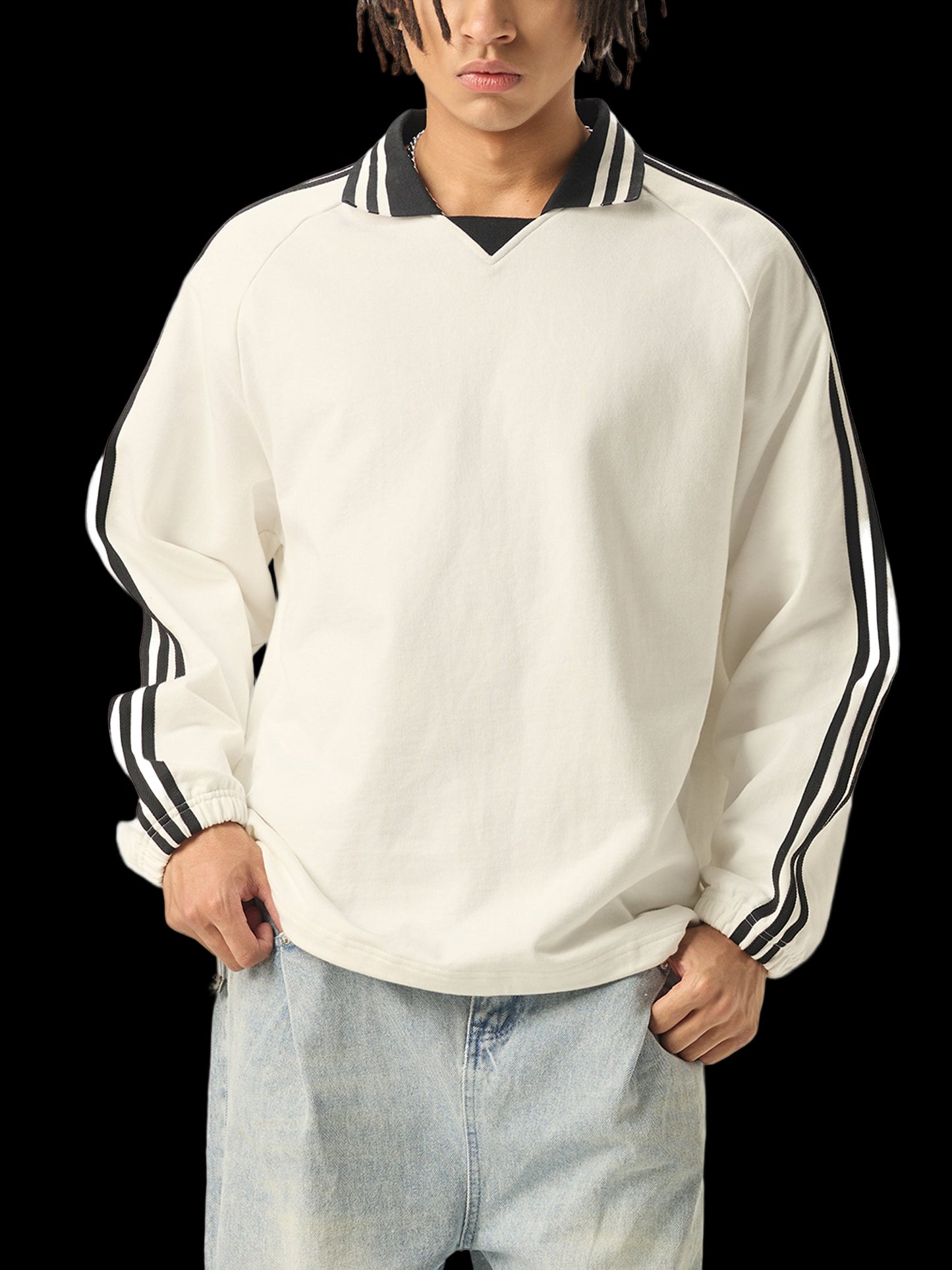 God Heals Contrast Striped Lapel Collar Sweatshirt