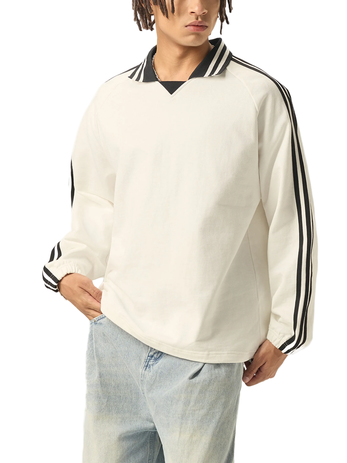 Contrast Striped Lapel Collar Sweatshirt