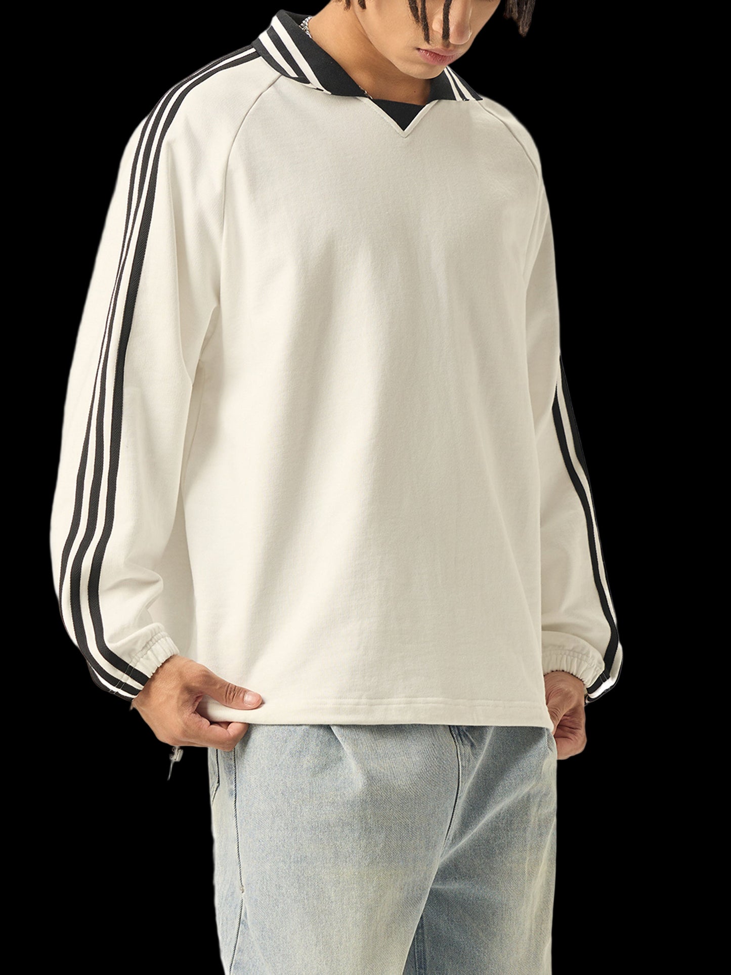 God Heals Contrast Striped Lapel Collar Sweatshirt