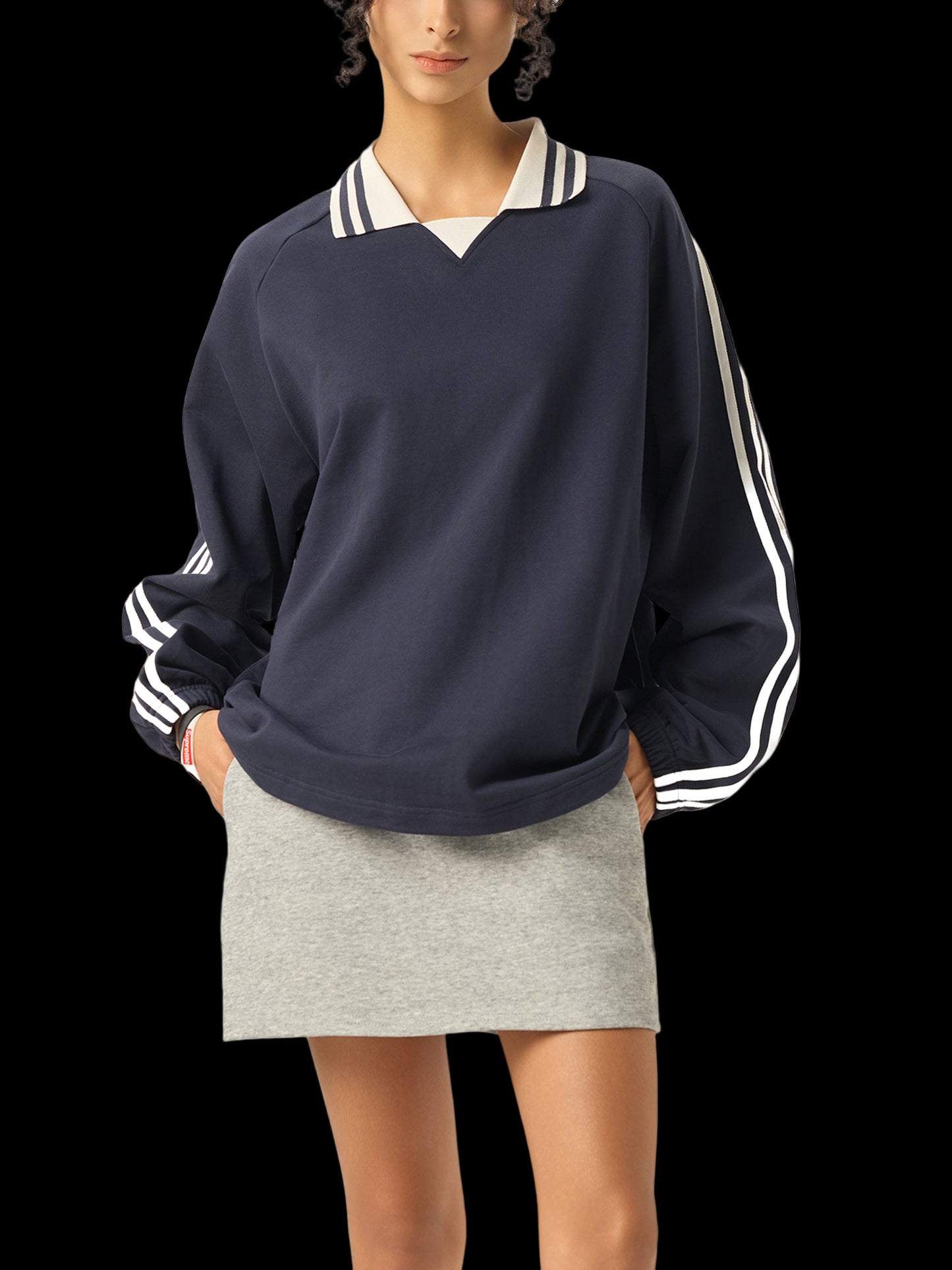 God Heals Contrast Striped Lapel Collar Sweatshirt