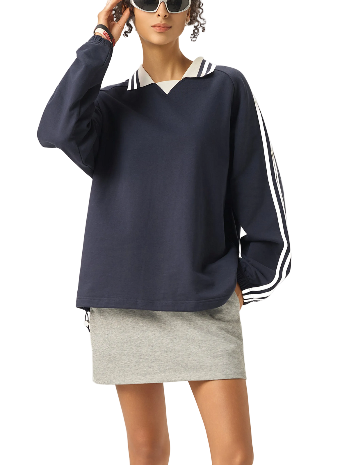 Contrast Striped Lapel Collar Sweatshirt